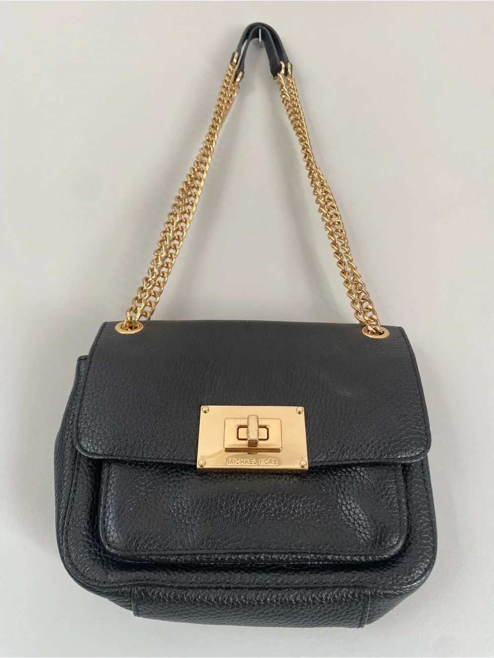 Michael Kors Black Leather Chain Shoulder Bag Gold Hardware